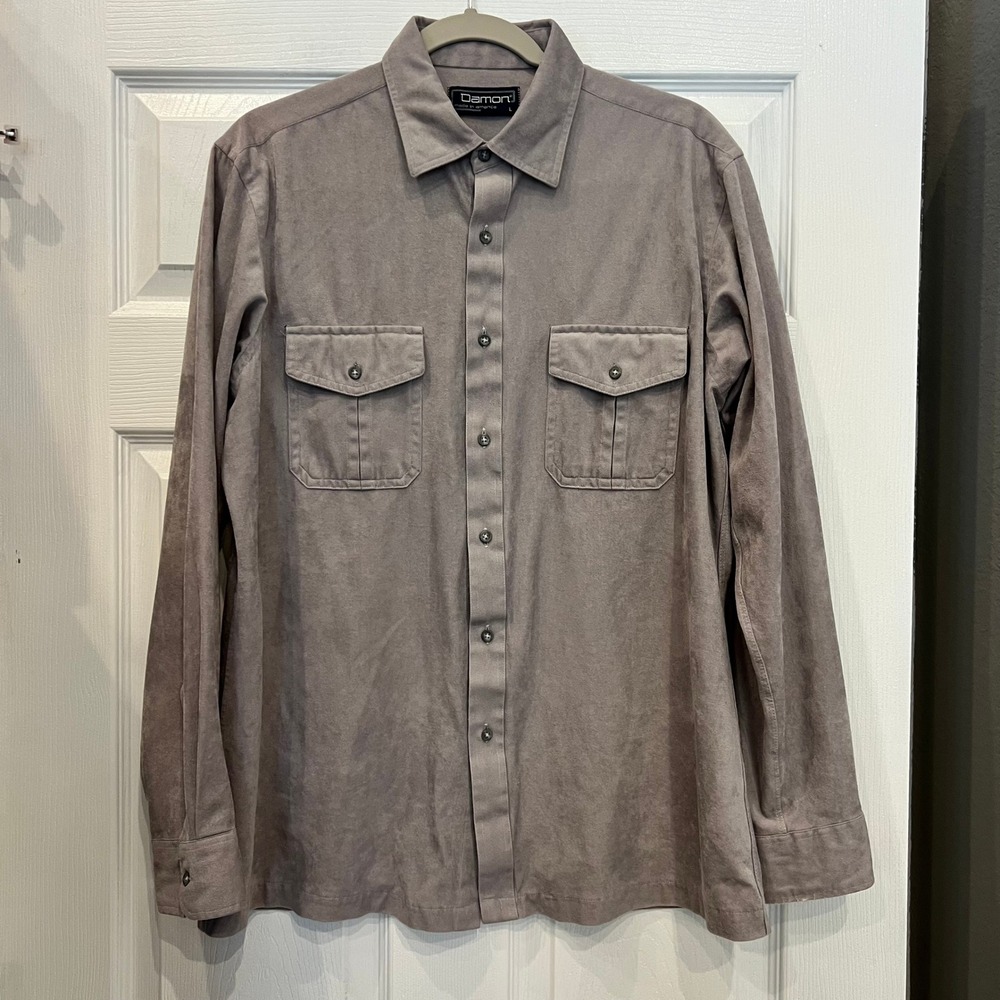 Damon Button Down Shirt Faux Suede Taupe Workwear Minimalist L 90's Made in USA